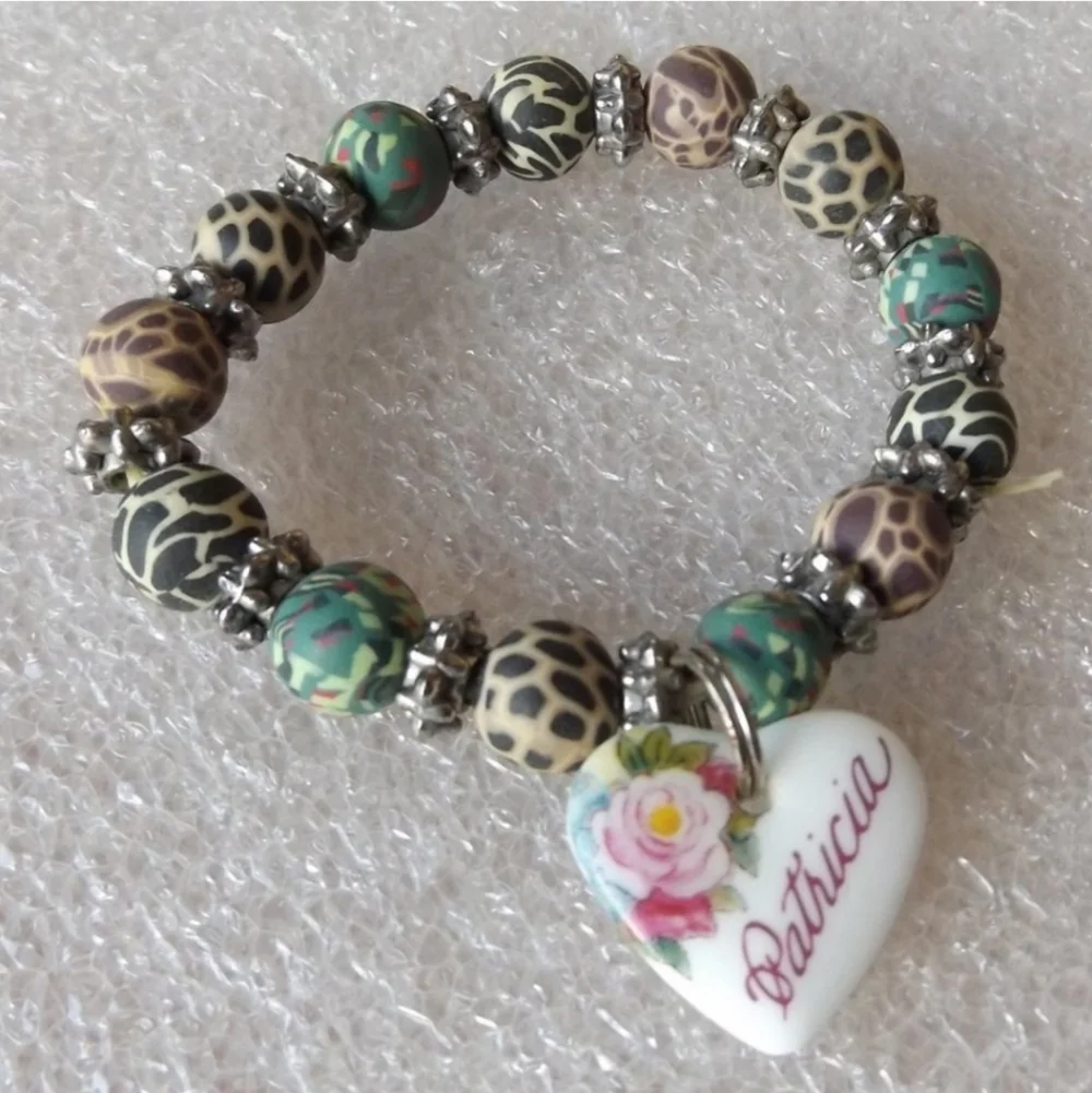 Patricia Personalize Heart Charm Clay Beads Beaded Stretch Bracelet
